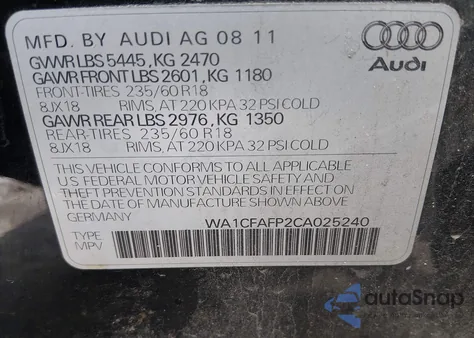 2012 Audi Q5 2.0T Premium from USA, damaged, VIN WA1CFAFP2CA025240